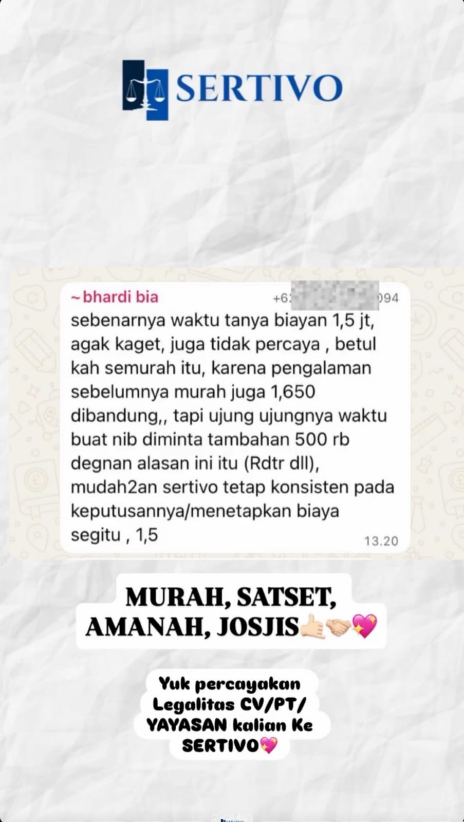Testimoni Sertivo 20
